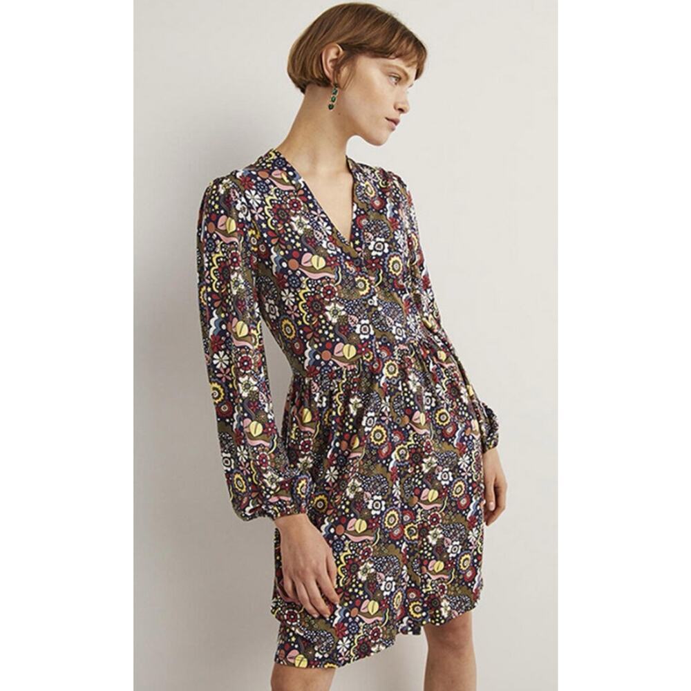 Boden Sz 8 Medium Button-through Dress Floral V Neck Long Sleeves Comfy Spring